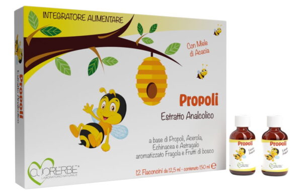Estratto analcolico per bambini a base di Propoli, Acerola, Echinacea e Astragalo aromatizzato Fragola e Frutti di bosco