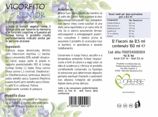 Vigorfito Senior - Integratore a base di ginkgo e guaranà indicato per le persone anziane astuccio