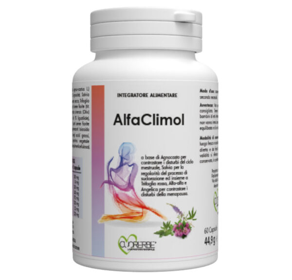 AlfaClimol - Integratore alimentare a base di Agnocasto per contrastare i disturbi del ciclo mestruale, Salvia per la regolarità del processo di sudorazione ed insieme a Trifoglio rosso, Alfa-alfa e Angelica per contrastare i disturbi della menopausa - Flacone