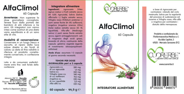 AlfaClimol - Integratore alimentare a base di Agnocasto per contrastare i disturbi del ciclo mestruale, Salvia per la regolarità del processo di sudorazione ed insieme a Trifoglio rosso, Alfa-alfa e Angelica per contrastare i disturbi della menopausa - Scatola