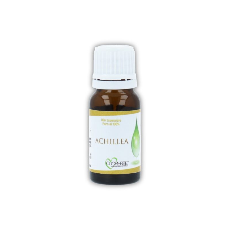 Boccetta di Olio essenziale puro di Achillea Cuorerbe su sfondo bianco
