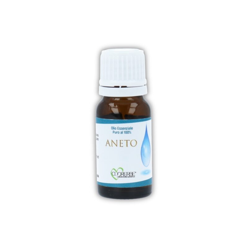 Boccetta di Olio essenziale puro di Aneto Cuorerbe su sfondo bianco