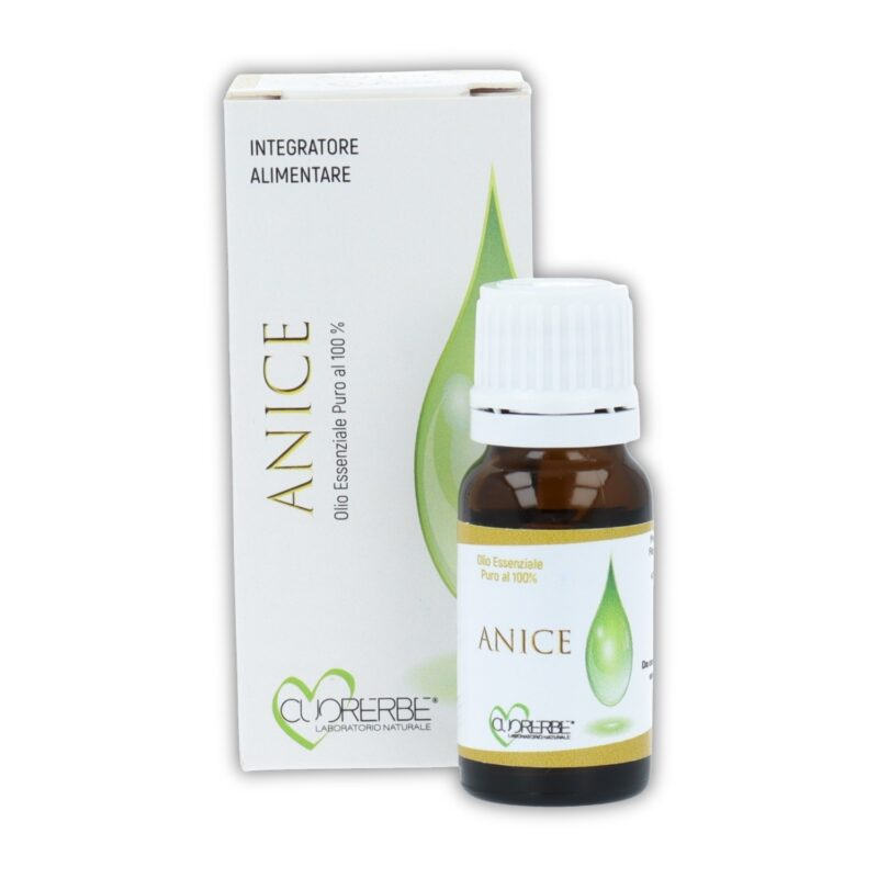 Olio essenziale puro di Anice Cuorerbe con confezione Boccetta di Olio essenziale puro di Anice Cuorerbe con confezione su sfondo bianco