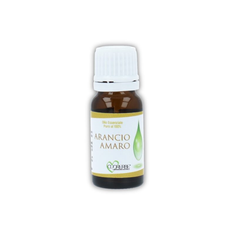 Boccetta di Olio essenziale puro di Arancio amaro Cuorerbe su sfondo bianco