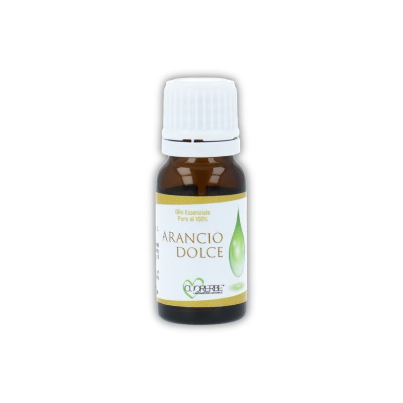 Boccetta di Olio essenziale puro di Arancio dolce Cuorerbe su sfondo bianco