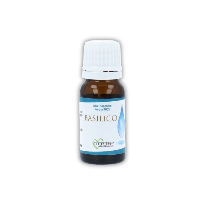 Boccetta di Olio essenziale puro di Basilico Cuorerbe su sfondo bianco
