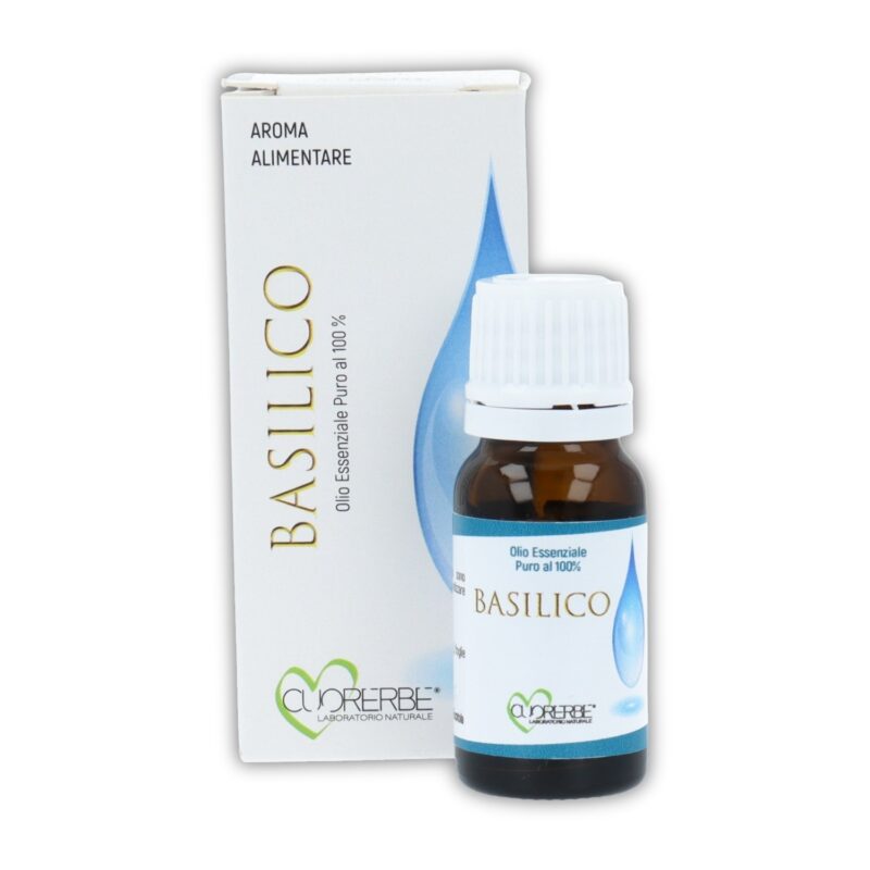 Boccetta di Olio essenziale puro di Basilico Cuorerbe con confezione su sfondo bianco