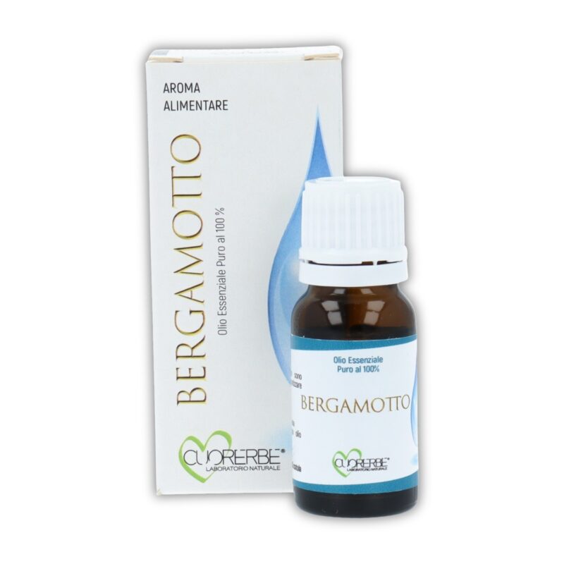 Olio essenziale puro di Bergamotto Cuorerbe con confezione Boccetta di Olio essenziale puro di Bergamotto Cuorerbe con confezione su sfondo bianco