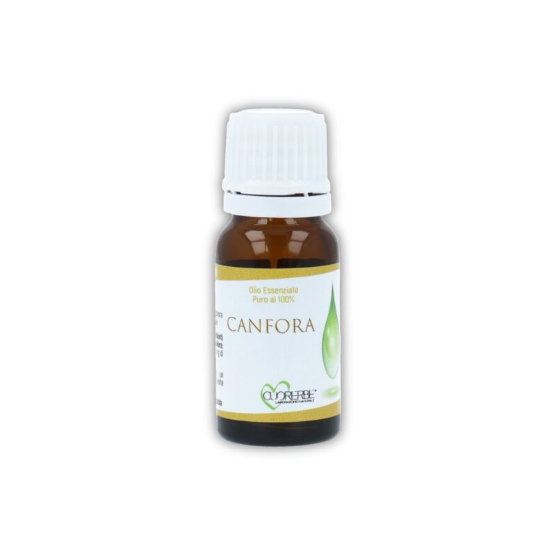 Boccetta di Olio essenziale puro di Canfora Cuorerbe su sfondo bianco