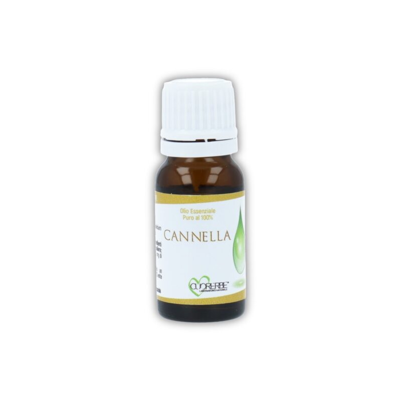 Boccetta di Olio essenziale puro di Cannella scorza Cuorerbe su sfondo bianco