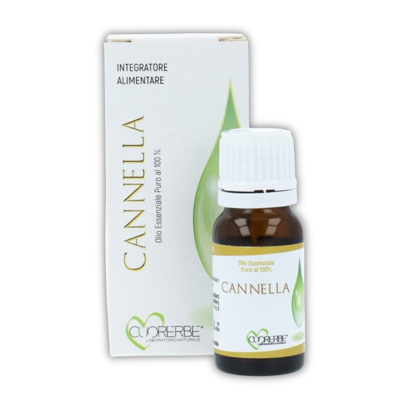 Olio essenziale puro di Cannella scorza Cuorerbe con confezione Boccetta di Olio essenziale puro di Cannella scorza Cuorerbe con confezione su sfondo bianco