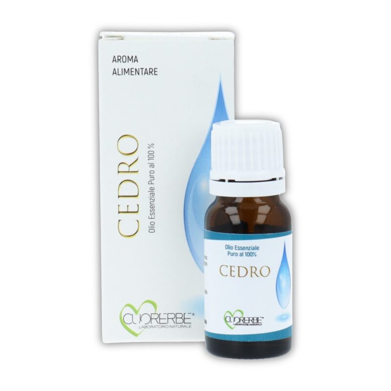 Boccetta di Olio essenziale puro di Cedro Cuorerbe con confezione su sfondo bianco