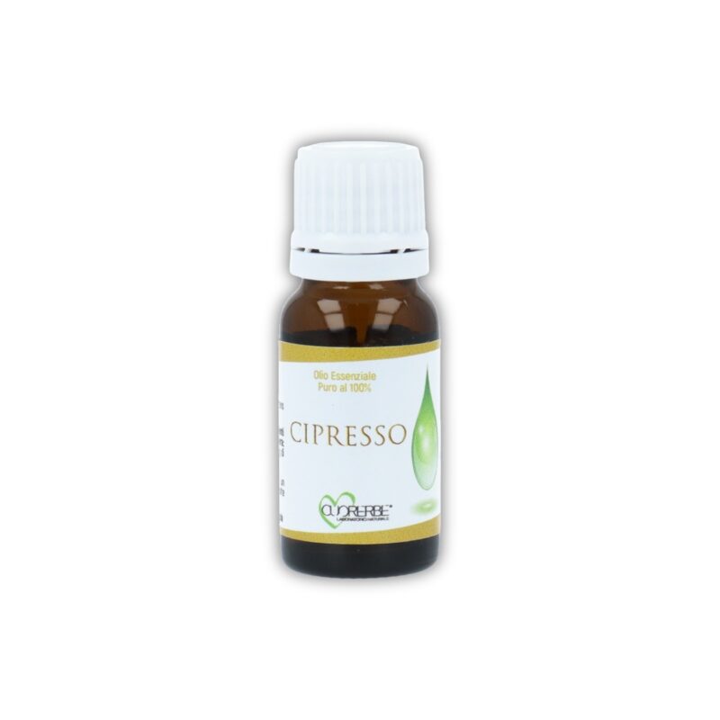 Boccetta di Olio essenziale puro di Cipresso Cuorerbe su sfondo bianco
