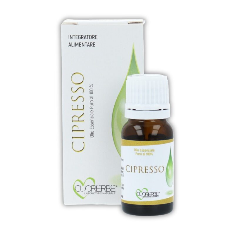 Olio essenziale puro di Cipresso Cuorerbe con confezione Boccetta di Olio essenziale puro di Cipresso Cuorerbe con confezione su sfondo bianco
