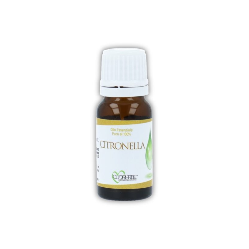 Boccetta di Olio essenziale puro di Citronella Cuorerbe su sfondo bianco