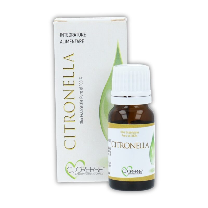 Olio essenziale puro di Citronella Cuorerbe con confezione Boccetta di Olio essenziale puro di Citronella Cuorerbe con confezione su sfondo bianco