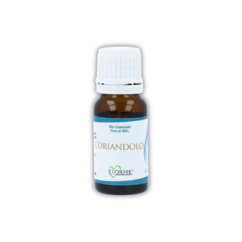 Boccetta di Olio essenziale puro di Coriandolo Cuorerbe su sfondo bianco