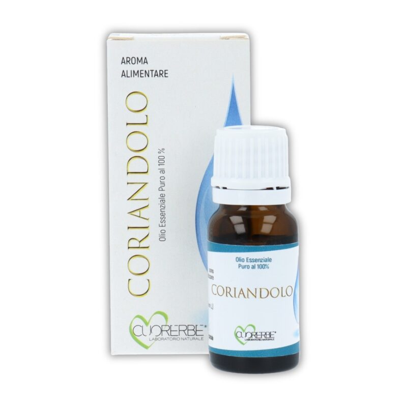 Boccetta di Olio essenziale puro di Coriandolo Cuorerbe con confezione su sfondo bianco