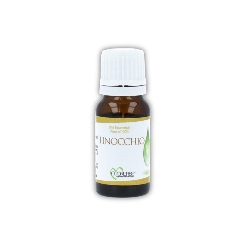 Boccetta di Olio essenziale puro di Finocchio Integratore Cuorerbe su sfondo bianco