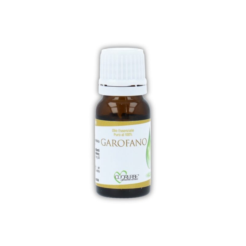 Boccetta di Olio essenziale puro di Garofano Chiodi Integratore Cuorerbe su sfondo bianco