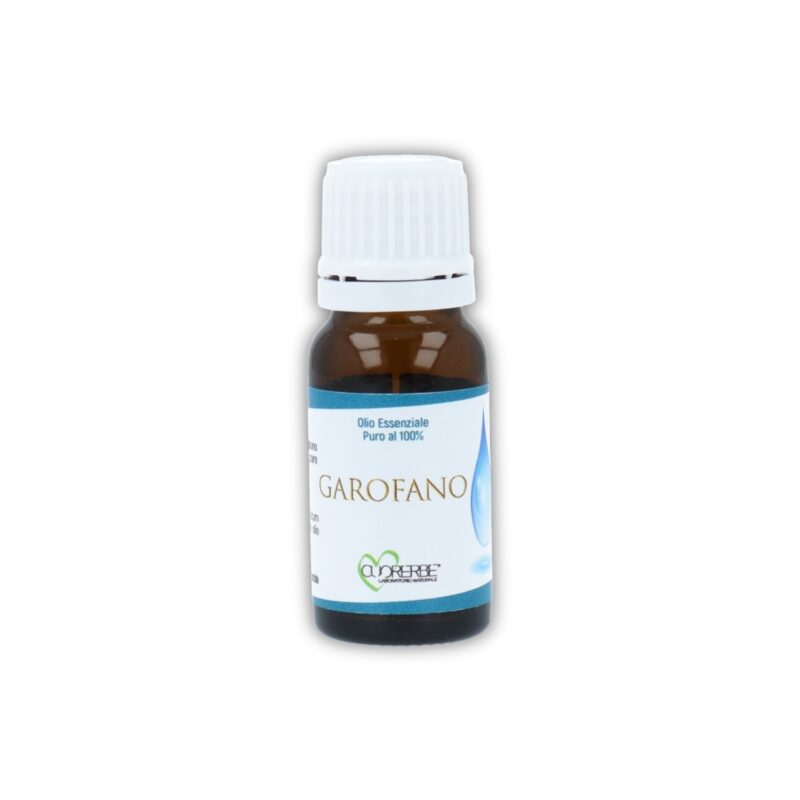 Boccetta di Olio essenziale puro di Garofano aroma Cuorerbe su sfondo bianco