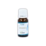 Olio essenziale puro di Geranio Cuorerbe Boccetta di Olio essenziale puro di Geranio Cuorerbe su sfondo bianco