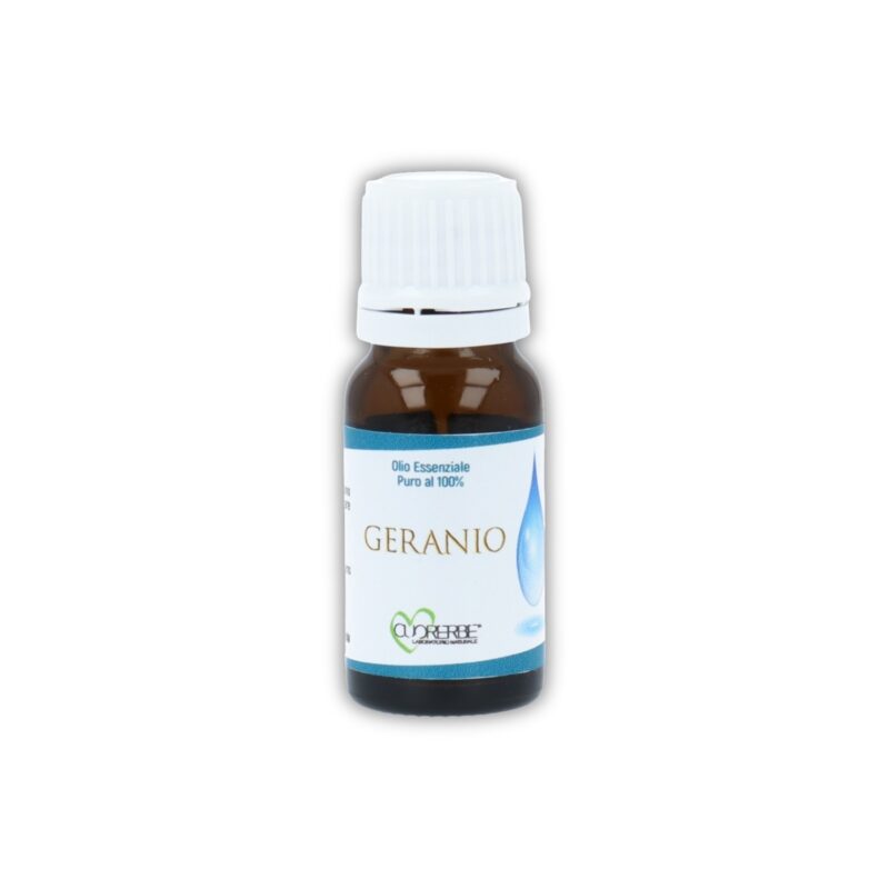 Boccetta di Olio essenziale puro di Geranio Cuorerbe su sfondo bianco