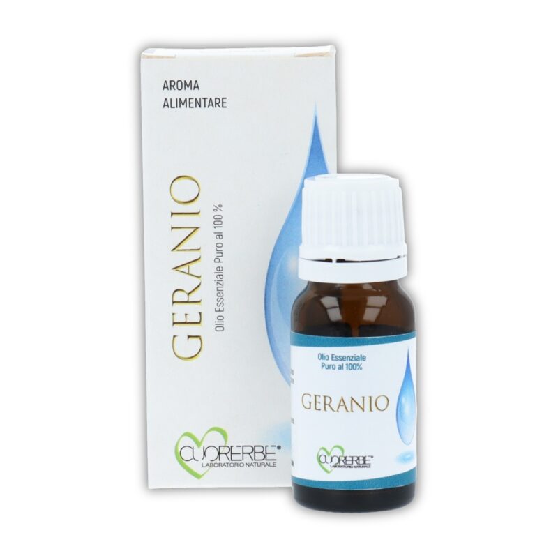 Olio essenziale puro di Geranio Cuorerbe con confezione Boccetta di Olio essenziale puro di Geranio Cuorerbe con confezione su sfondo bianco