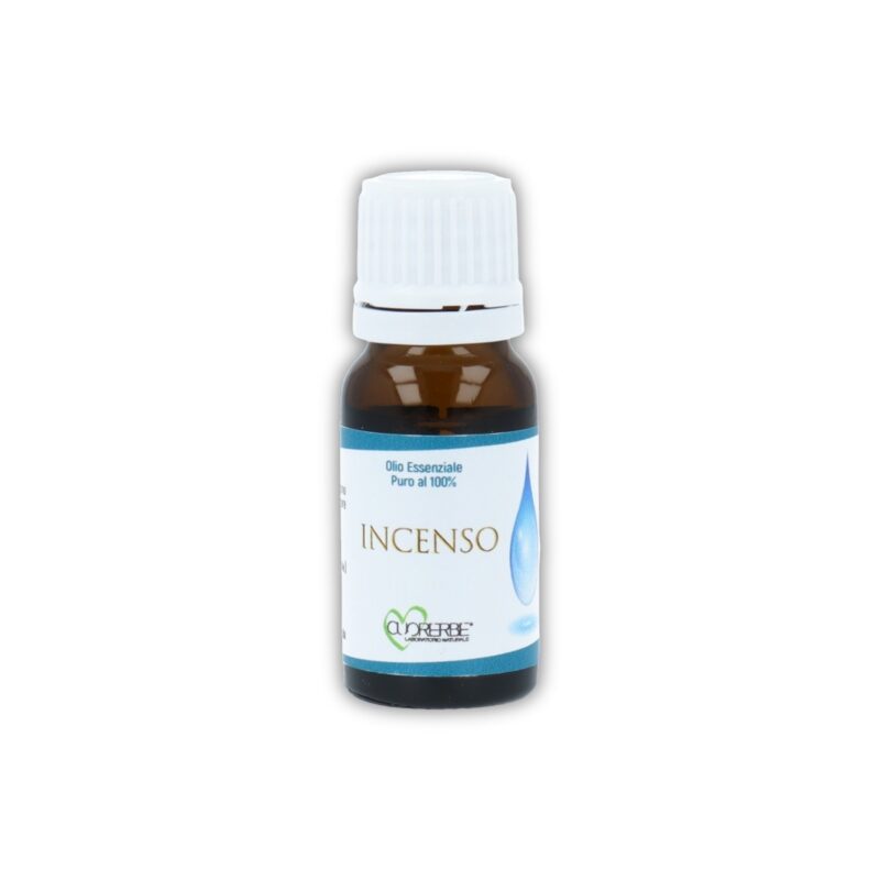 Boccetta di Olio essenziale puro di Incenso Cuorerbe su sfondo bianco