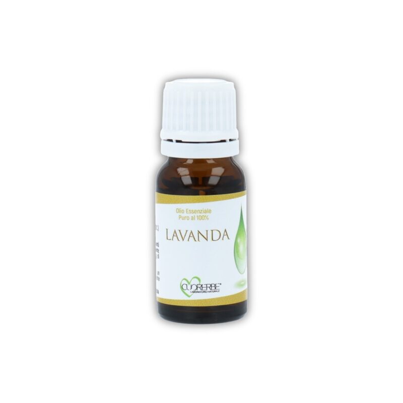 Boccetta di Olio essenziale puro di Lavanda Cuorerbe su sfondo bianco