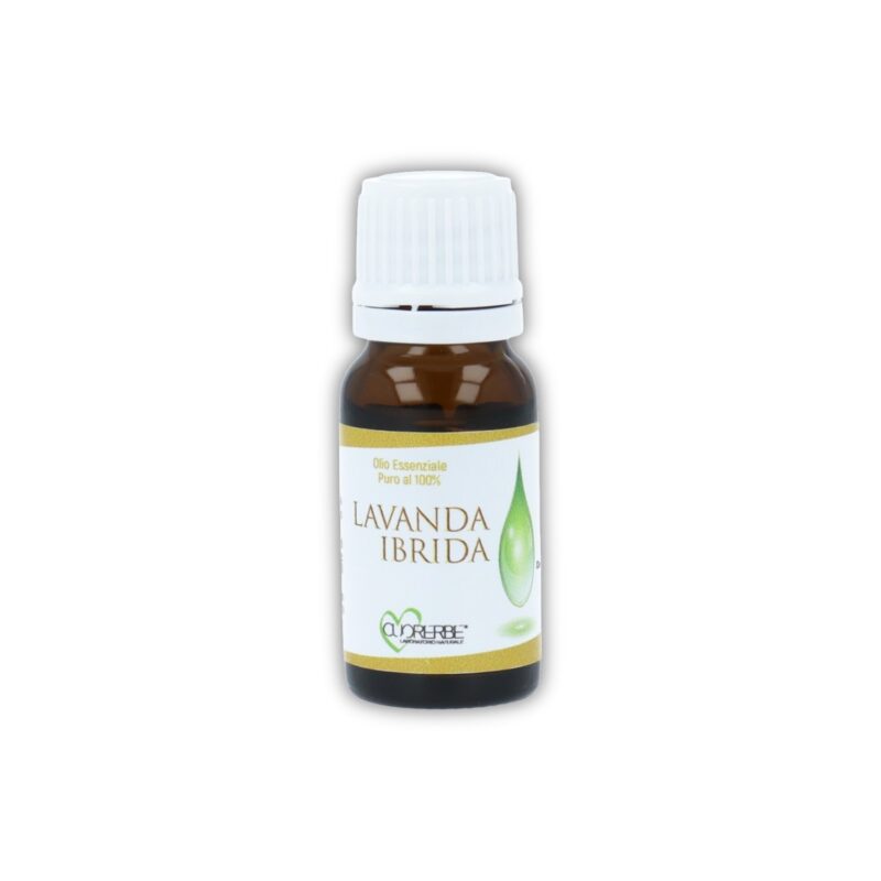Boccetta di Olio essenziale puro di Lavanda ibrida Cuorerbe su sfondo bianco