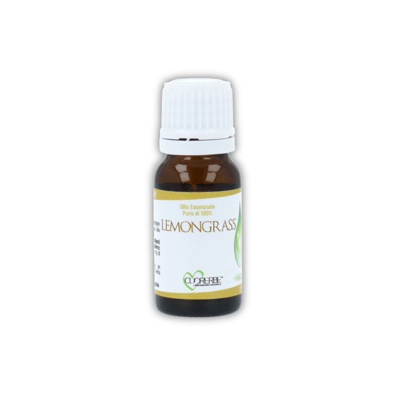 Boccetta di Olio essenziale puro di Lemongrass Cuorerbe su sfondo bianco