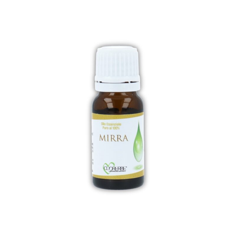 Boccetta di Olio essenziale puro di Mirra Cuorerbe su sfondo bianco