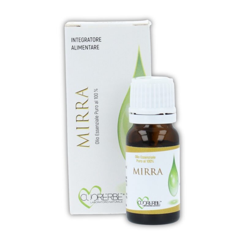 Olio essenziale puro di Mirra Cuorerbe con confezione Boccetta di Olio essenziale puro di Mirra Cuorerbe con confezione su sfondo bianco