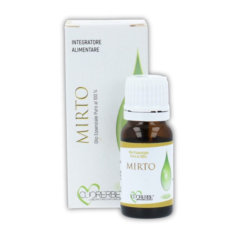 Olio essenziale puro di Mirto Cuorerbe con confezione Boccetta di Olio essenziale puro di Mirto Cuorerbe con confezione su sfondo bianco