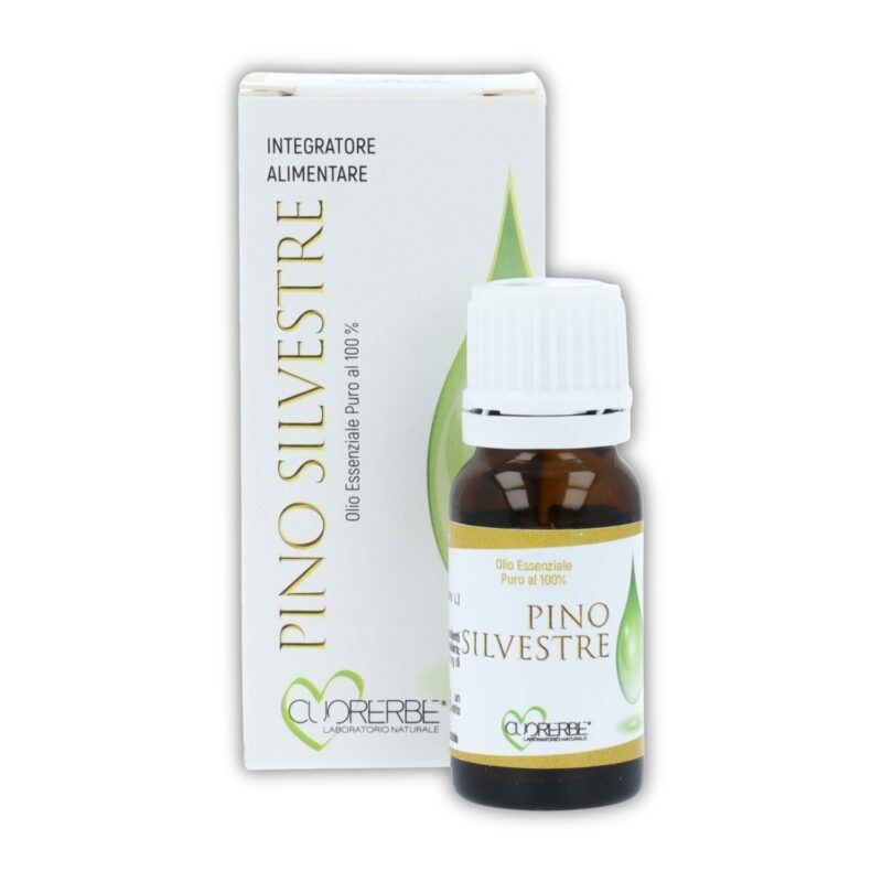 Olio essenziale puro di Pino silvestre Cuorerbe con confezione Boccetta di Olio essenziale puro di Pino silvestre Cuorerbe con confezione su sfondo bianco