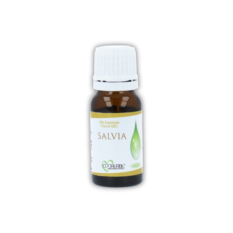Boccetta di Olio essenziale puro di Salvia Cuorerbe su sfondo bianco