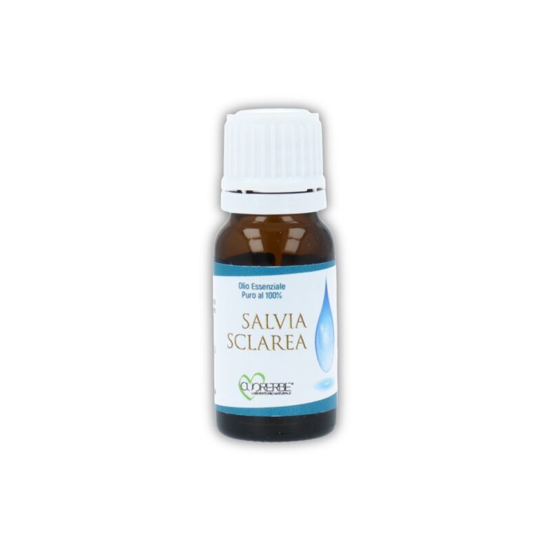 Boccetta di Olio essenziale puro di Salvia Sclarea Cuorerbe su sfondo bianco