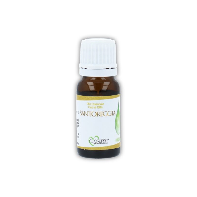 Boccetta di Olio essenziale puro di Santoreggia Cuorerbe su sfondo bianco