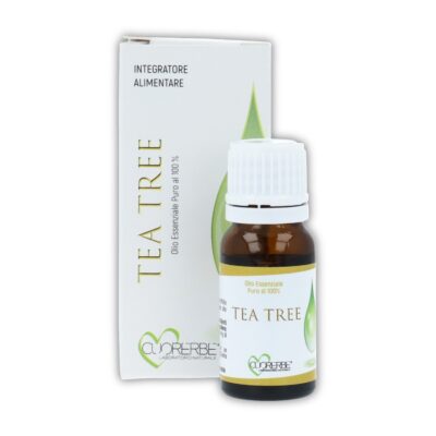 Boccetta di Olio essenziale puro di Tea tree Cuorerbe con confezione su sfondo bianco