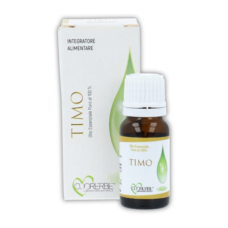 Boccetta di Olio essenziale puro di Timo Cuorerbe con confezione su sfondo bianco
