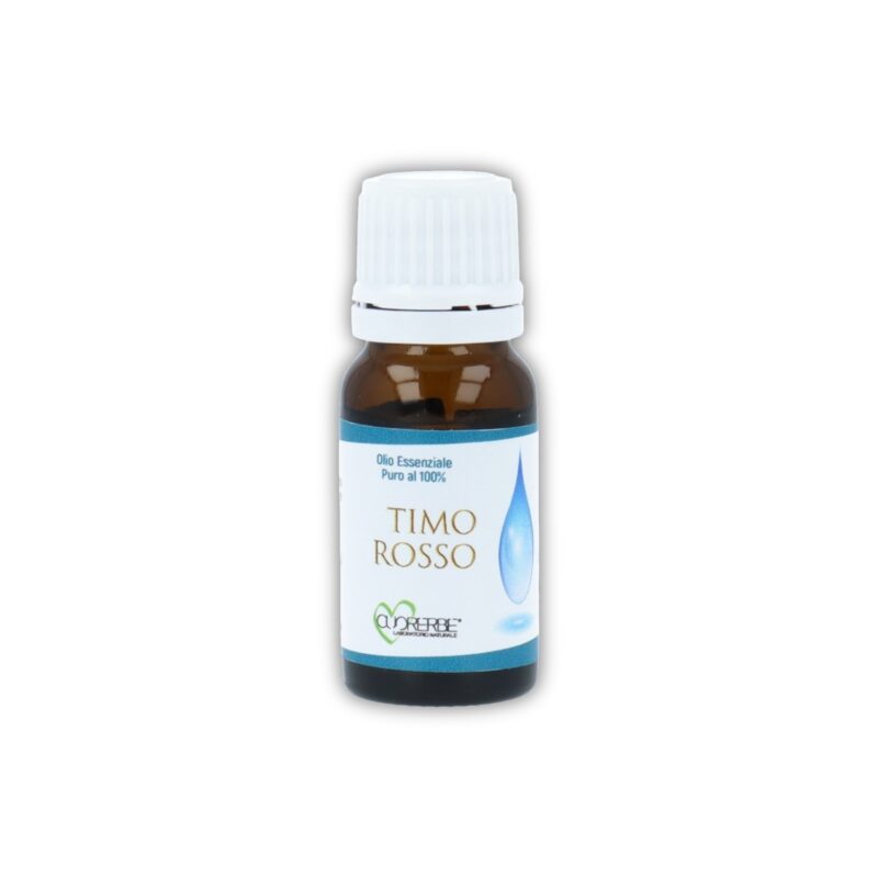 Boccetta di Olio essenziale puro di Timo Rosso Cuorerbe su sfondo bianco