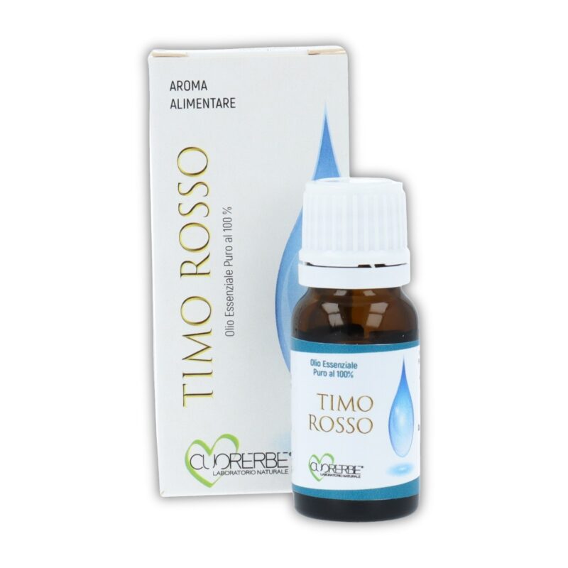 Boccetta di Olio essenziale puro di Timo Rosso Cuorerbe con confezione su sfondo bianco
