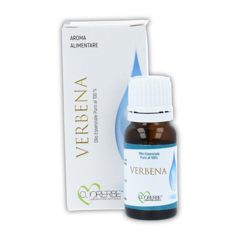 Boccetta di Olio essenziale puro di Verbena Cuorerbe con confezione su sfondo bianco