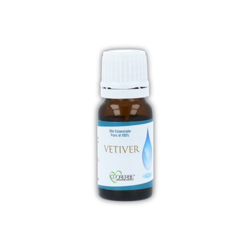 Boccetta di Olio essenziale puro di Vetiver Cuorerbe su sfondo bianco
