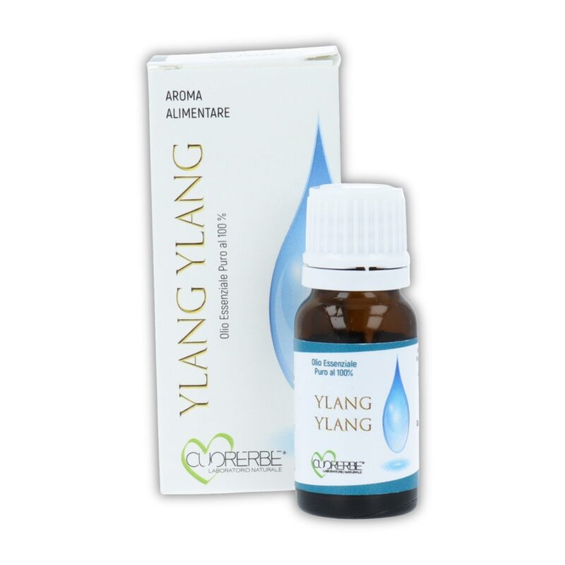 Olio essenziale puro di Ylang ylang Cuorerbe con confezione Boccetta di Olio essenziale puro di Ylang ylang Cuorerbe con la sua confezione su sfondo bianco