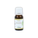 Olio essenziale puro di Zenzero Cuorerbe in boccetta di vetro su sfondo bianco