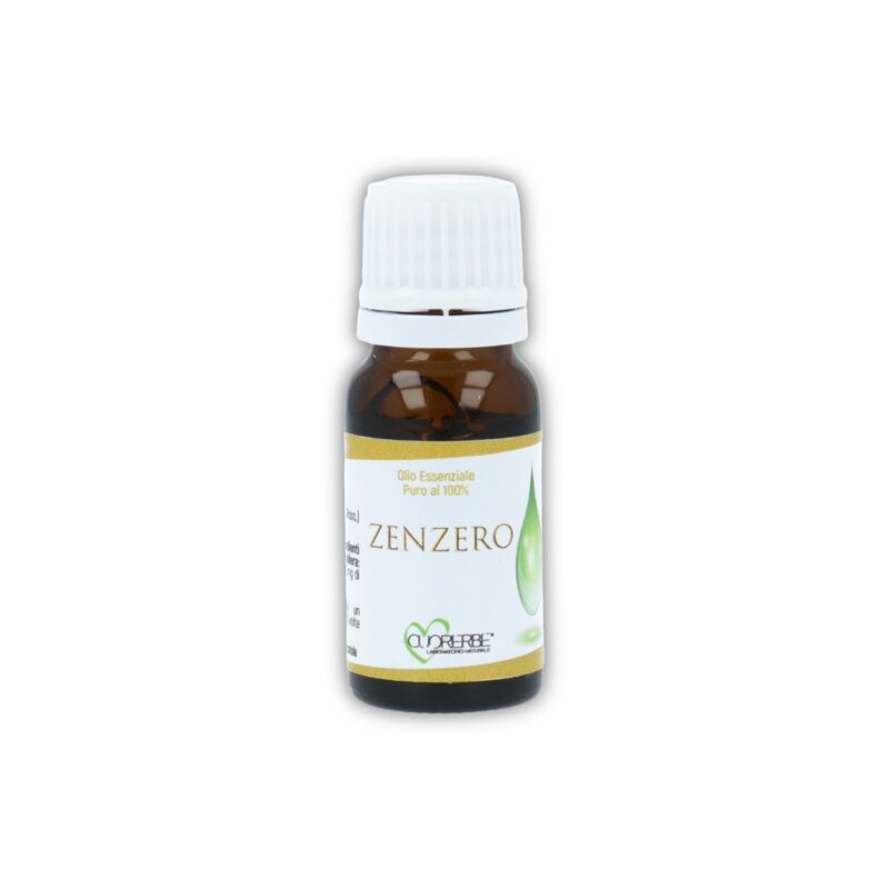 Olio essenziale puro di Zenzero Cuorerbe in boccetta di vetro su sfondo bianco